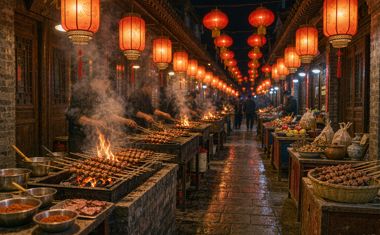 Xi'an Muslim Quarter night market with lamb skewer stalls