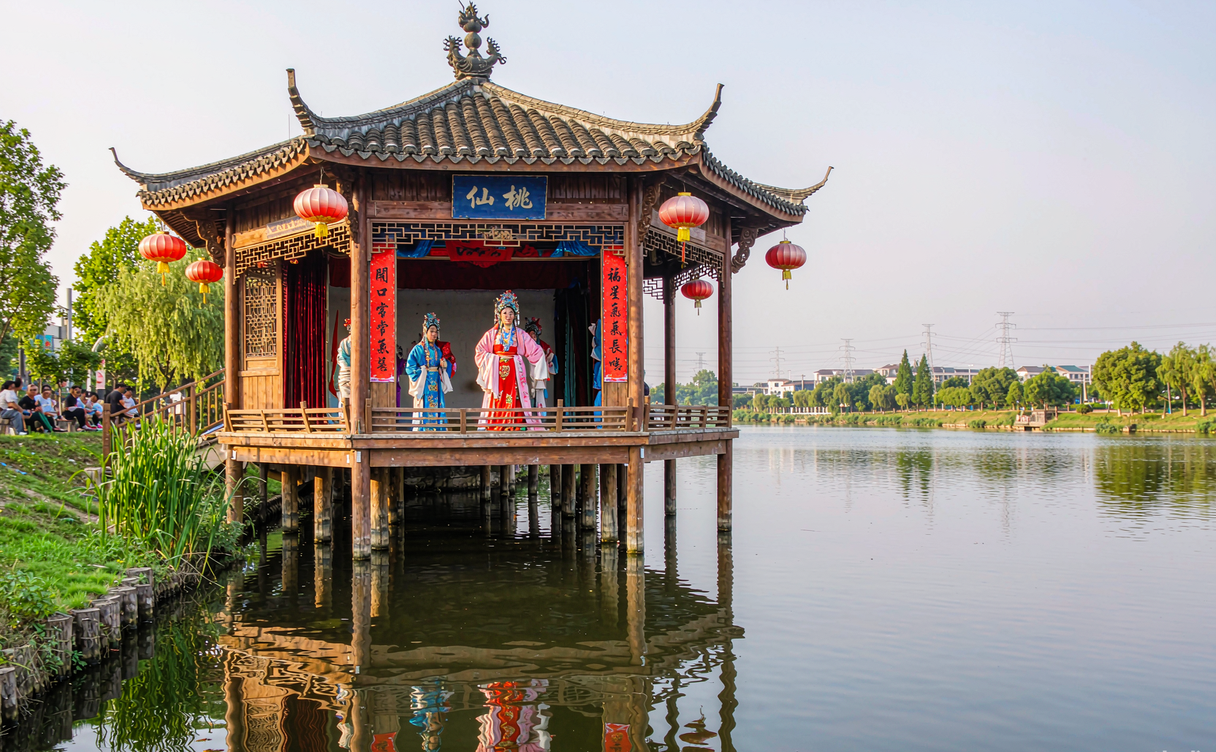 Tiled-roof riverside opera stage in Xiantao performing Hubei folk opera