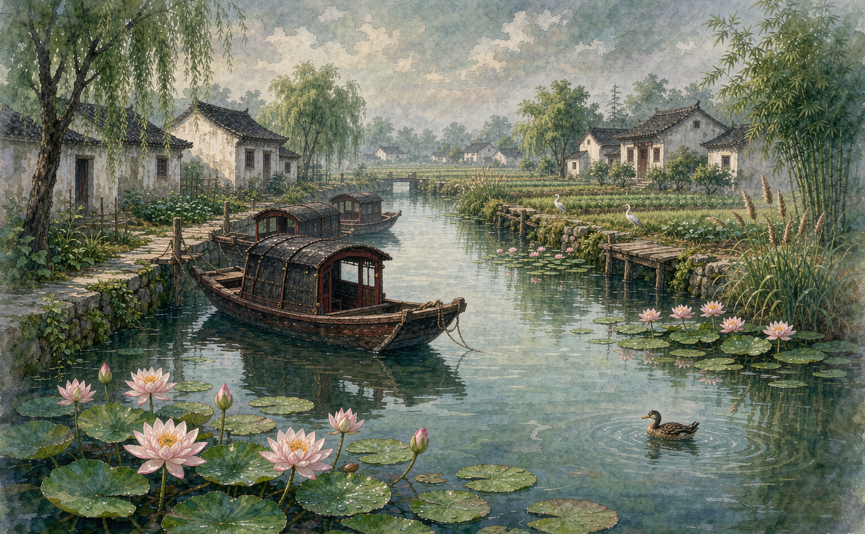 Canal boats passing water lilies in Xiantao's suburban water town
