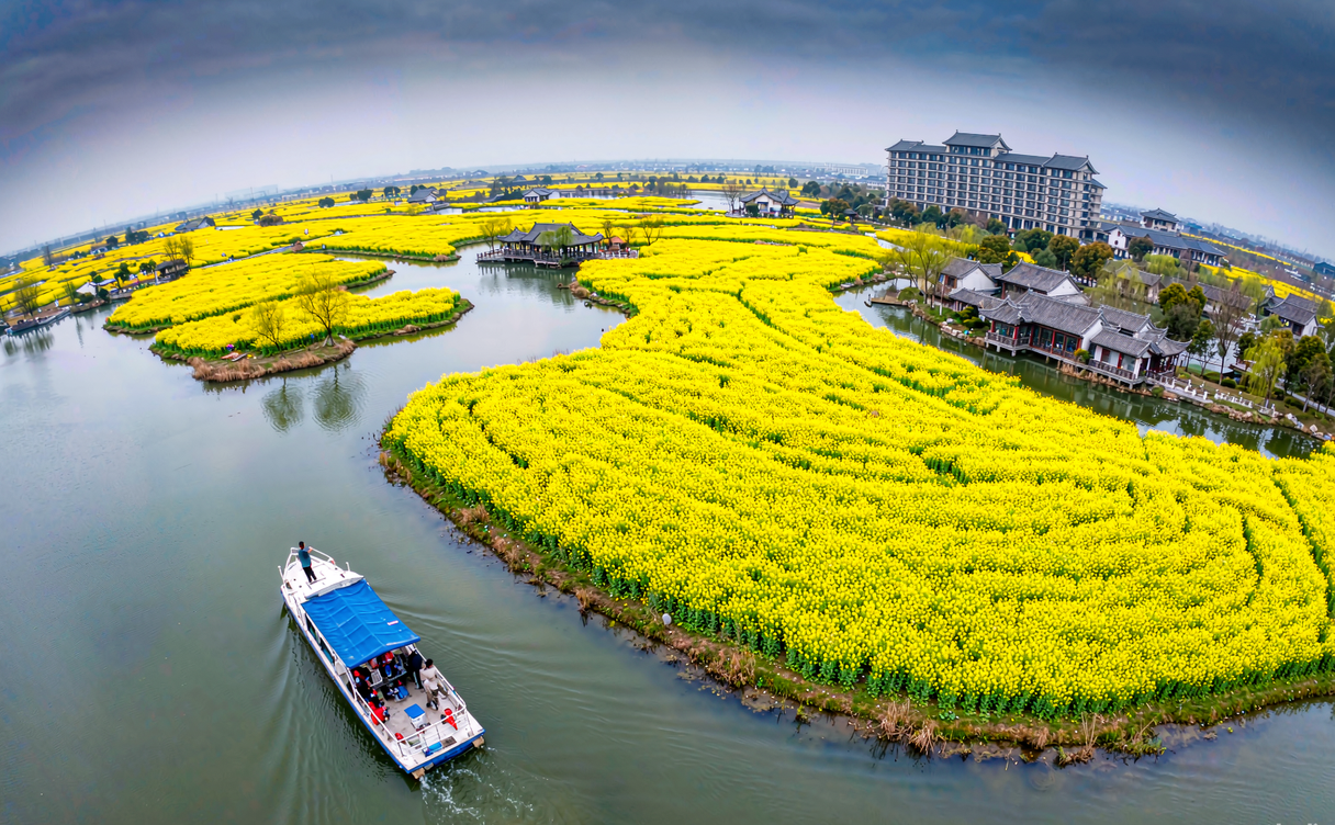 Boat tour through Xinghua golden rapeseed sea