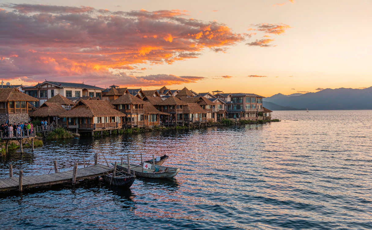 Fishing village huts along the northern shore of Xingkai Lake