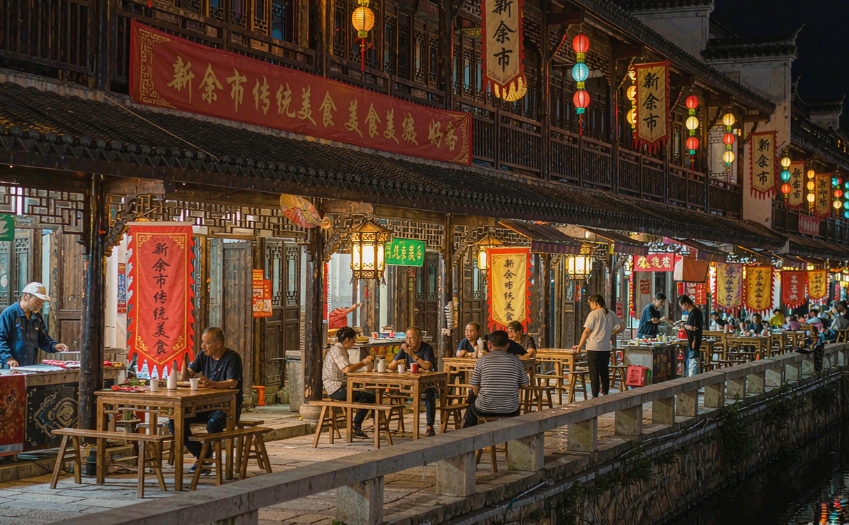 Riverside night food street in Xinyu, Jiangxi with glowing lanterns