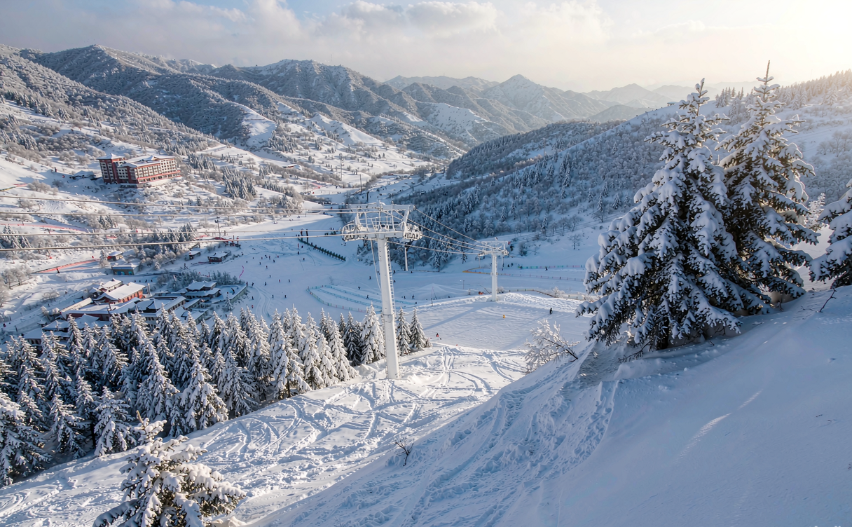 Skiers on a groomed slope at Yabuli Ski Resort in Heilongjiang