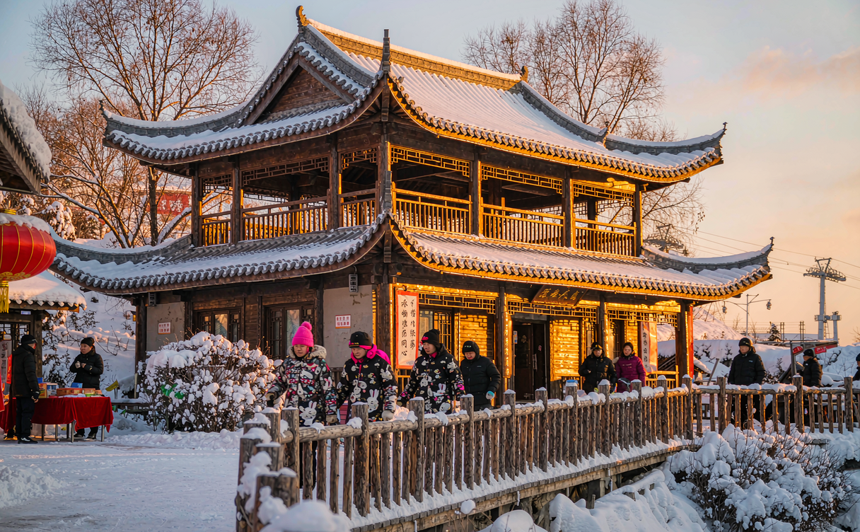 Outdoor hot spring pool at a Yabuli ski resort hotel in winter