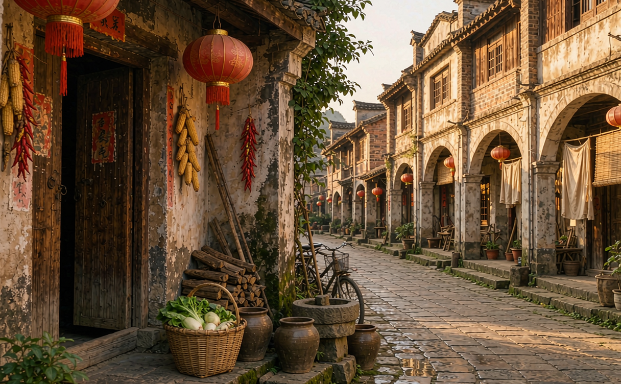 A plate of Yangshuo beer fish and a riverside guesthouse lit at dusk