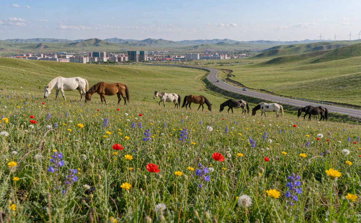 A winding grassland skyline road lined with white wind turbines above rolling green meadows near Zhangbei, Hebei, China