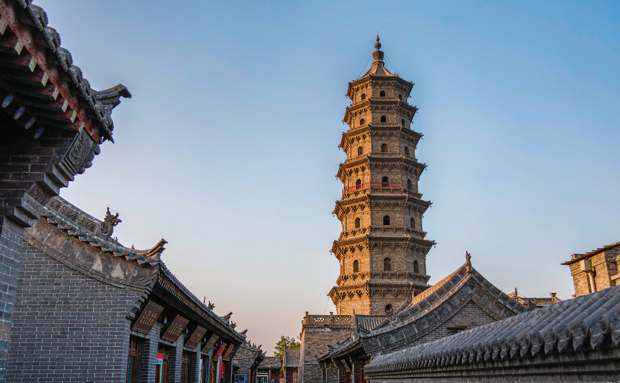 The Flower Pagoda and other ancient pagodas above the old rooftops of Zhengding, Hebei, China
