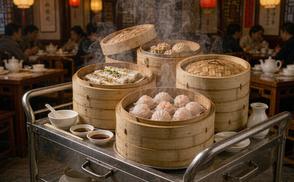 Cantonese dim sum cart with har gow and cheung fun in Zhuhai