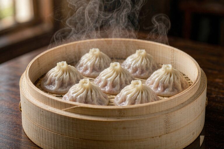 Bamboo steamer of freshly steamed xiaolongbao soup dumplings