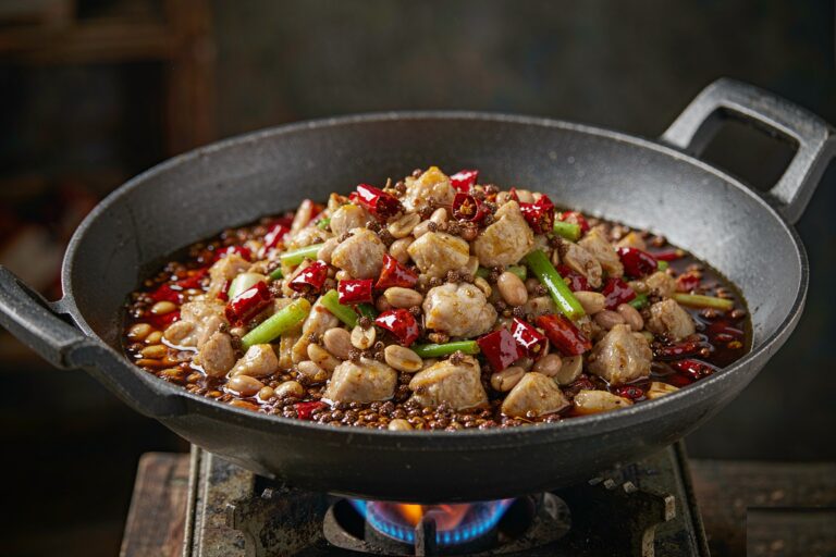 Kung pao chicken stir-fried in a wok with dried chilies and peanuts