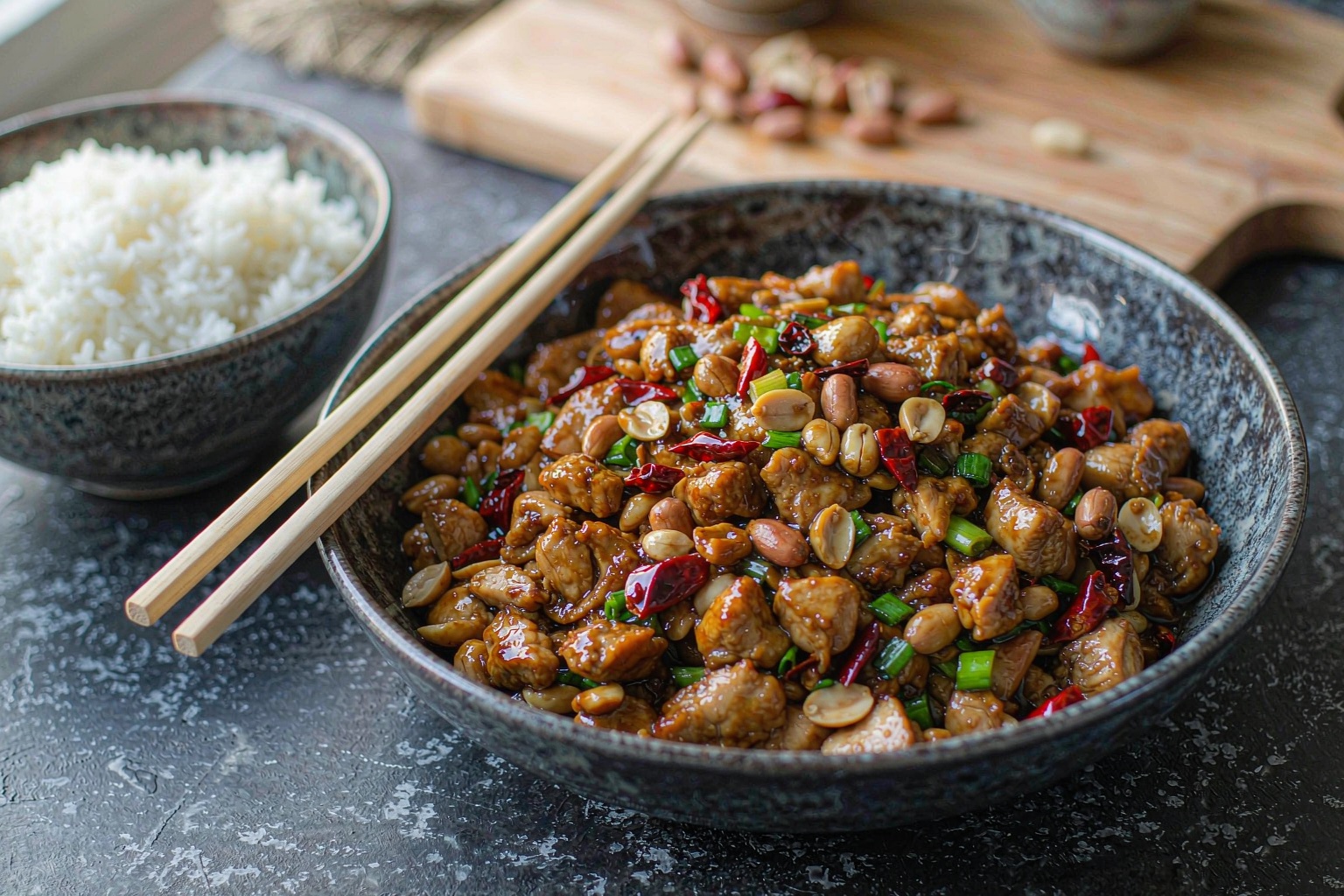 Bowl of finished kung pao chicken with peanuts and dried red chilies