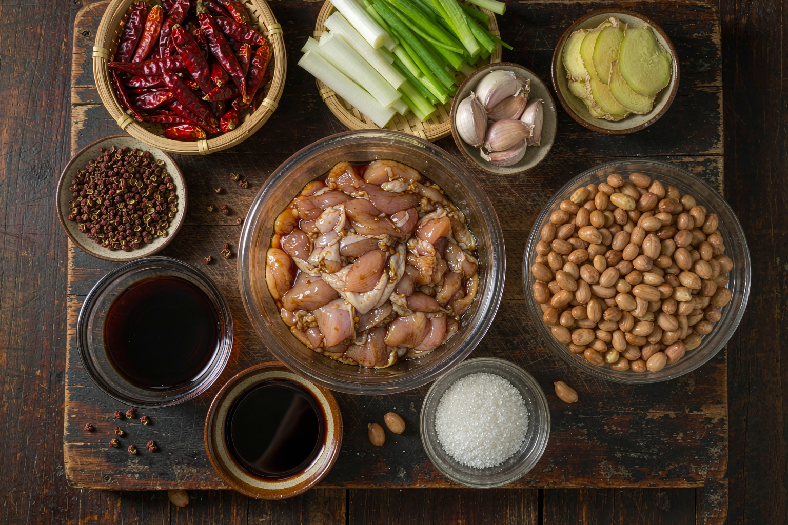 Kung pao chicken ingredients: marinated chicken, peanuts, dried chilies, Sichuan peppercorns