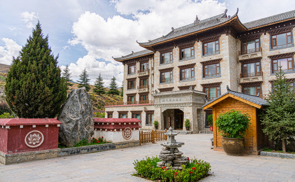 Boutique hotel courtyard with Tibetan decor in Lhasa, Tibet, China