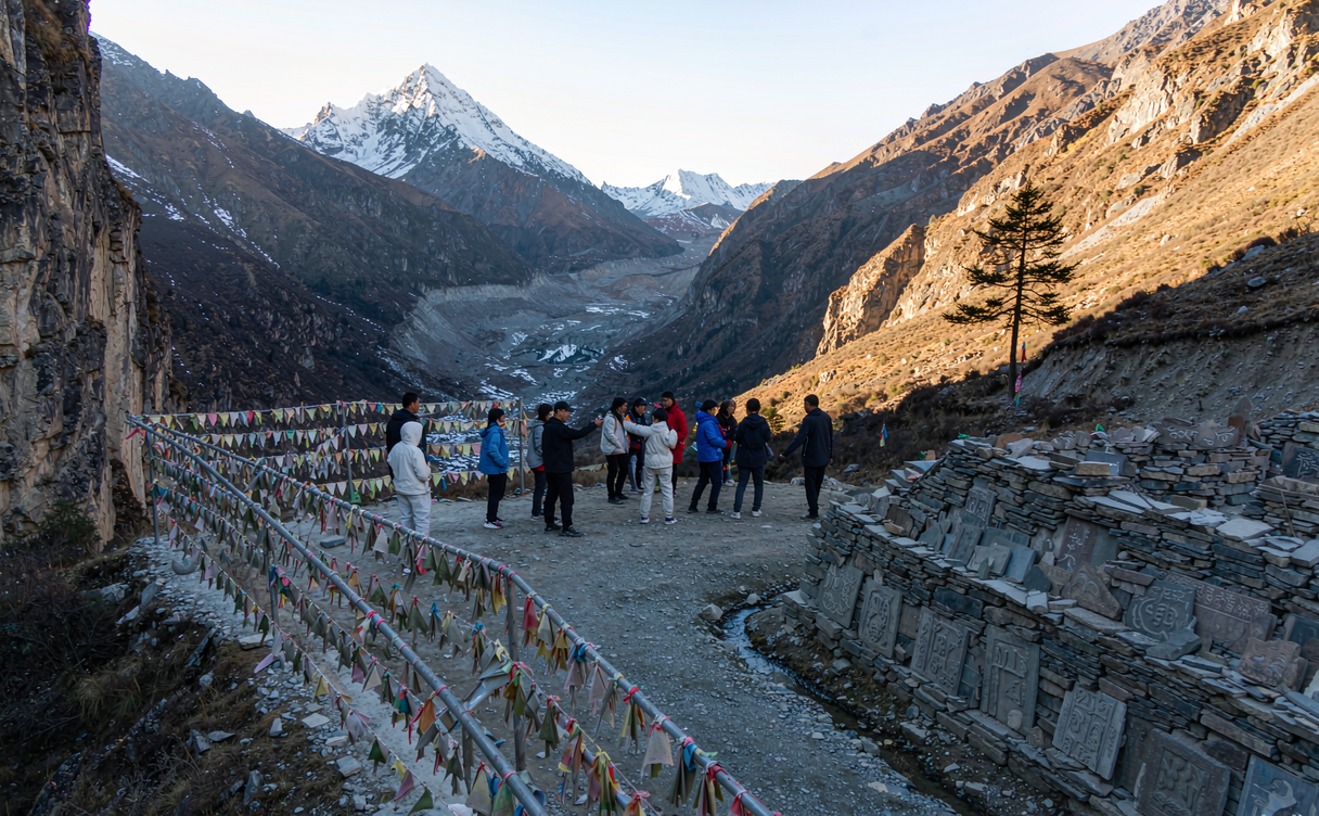 Tibet tour group with prayer flags