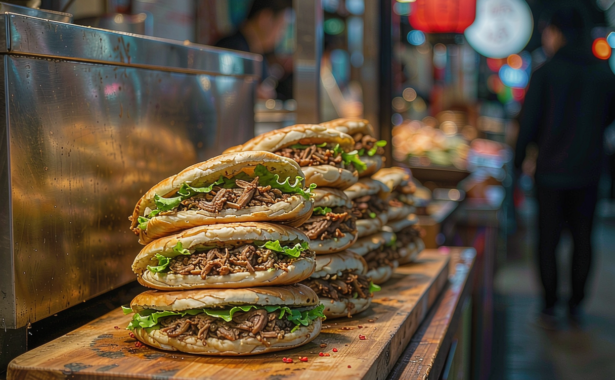 Vendor preparing roujiamo at a Xi'an street stall