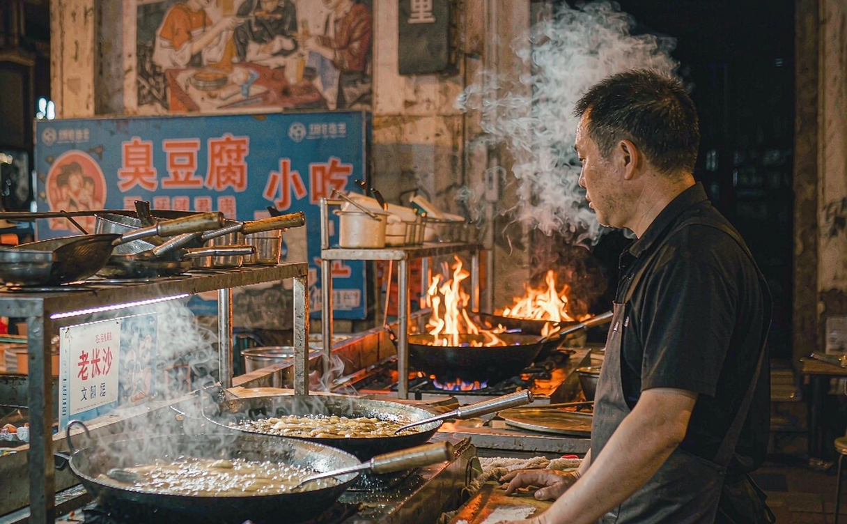 Stinky tofu frying at a night market
