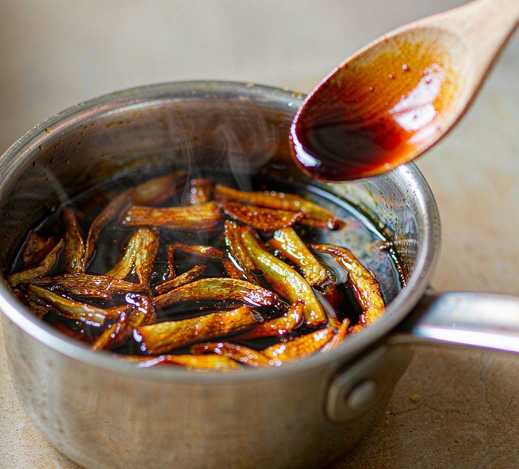 Scallions frying slowly in dark amber oil in a small stainless saucepan, with a wooden spoon lifting the oil to show its texture