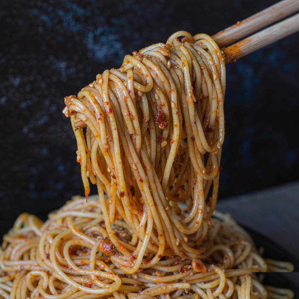Chopsticks lifting a bundle of dan dan noodles coated in glossy chili oil and sesame sauce
