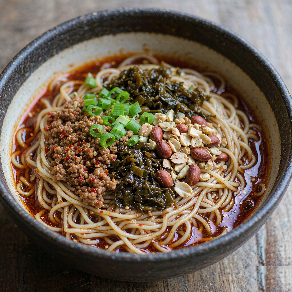 A bowl of Sichuan dan dan noodles topped with minced pork, preserved mustard greens, sliced scallions and crushed peanuts in red chili oil