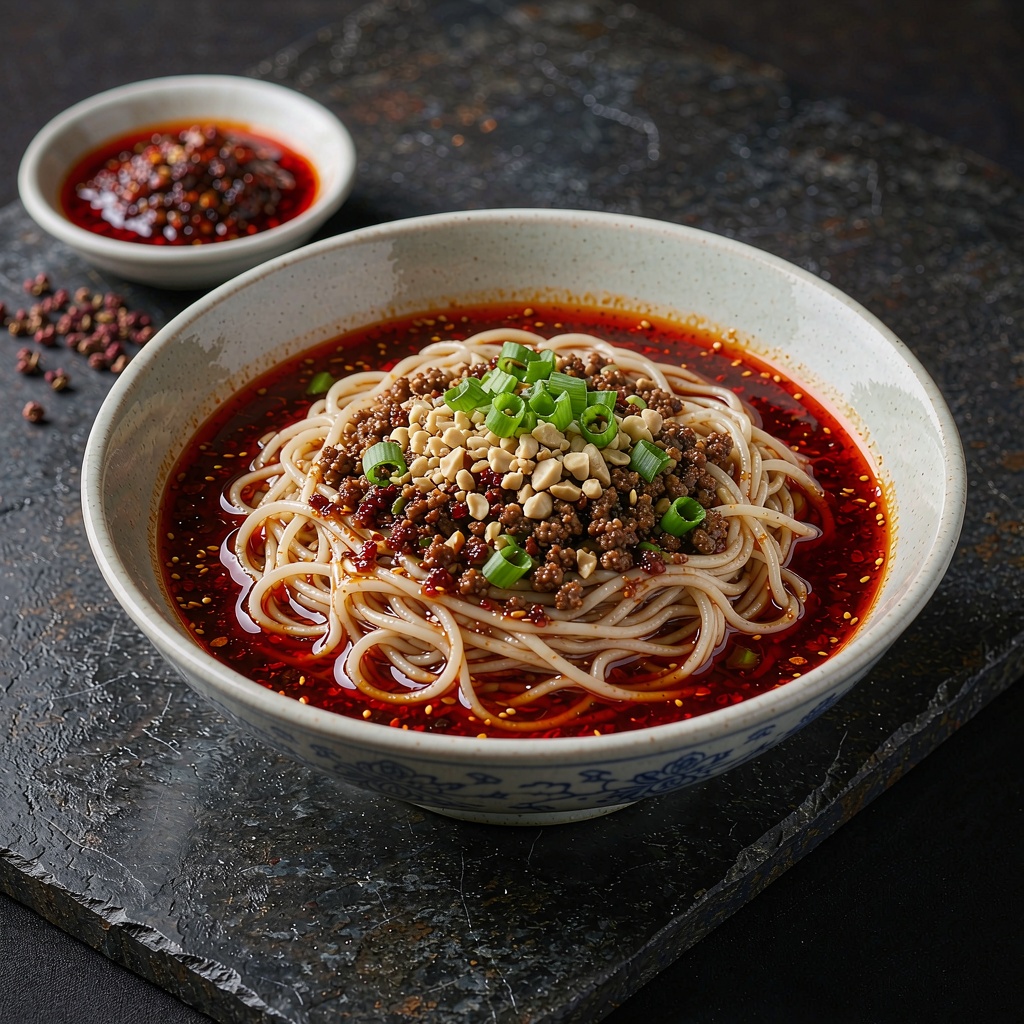 Dan dan mian in a shallow bowl with chili oil, minced pork and peanuts, served with a small dish of chili crisp and Sichuan peppercorns