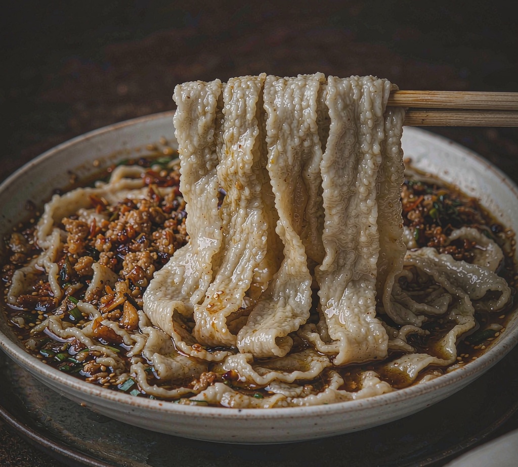 Knife-cut noodles lifted with chopsticks, showing their thick irregular ribbon shape and rough surface with minced pork sauce