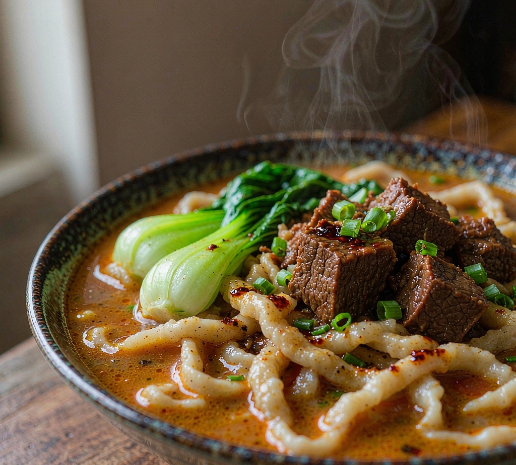 A steaming bowl of Shanxi knife-cut noodles with braised beef, bok choy and chili oil in a dark ceramic bowl