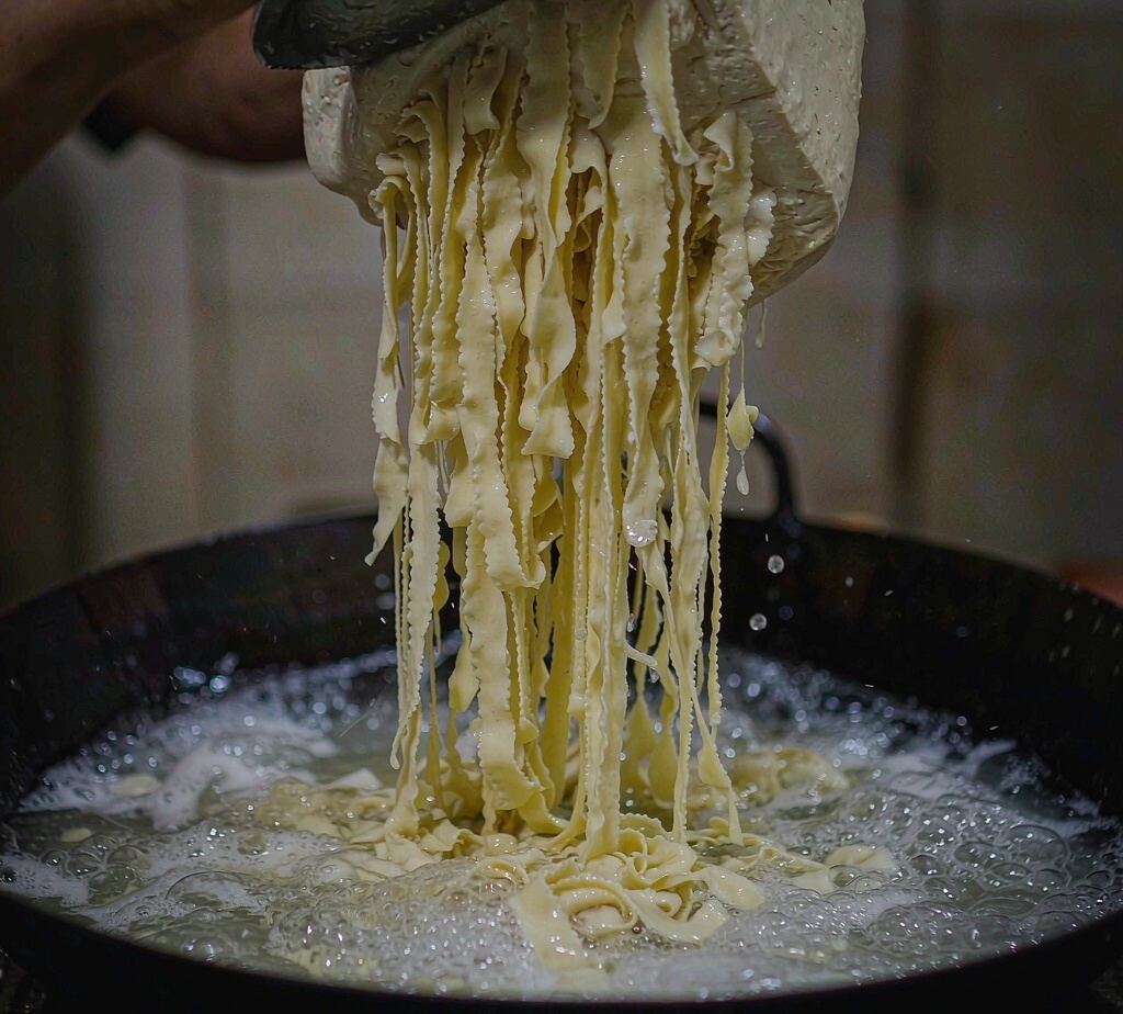 A cook shaving ribbons of knife-cut noodle dough directly into a wok of boiling water