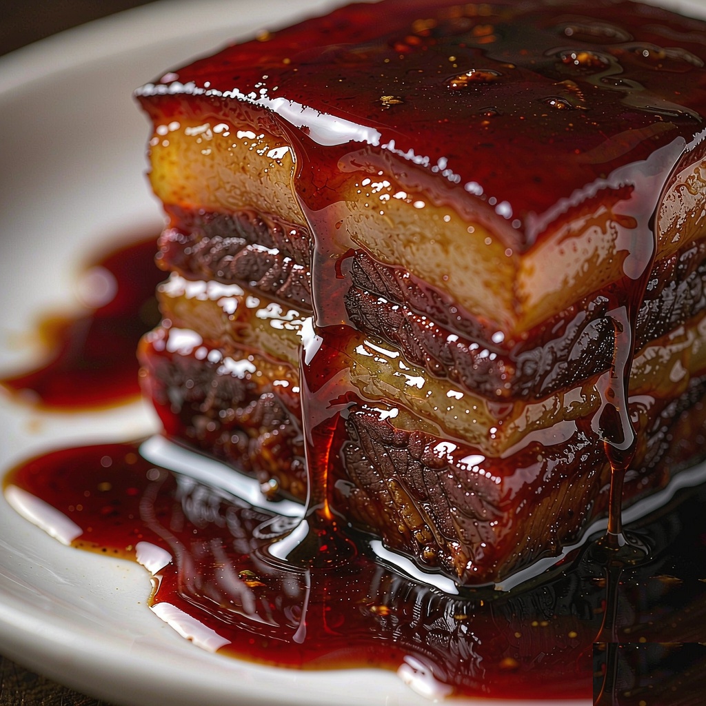 Close-up of a cut piece of Dongpo pork belly showing the distinct alternating layers of translucent fat and tender lean meat beneath a glossy glaze