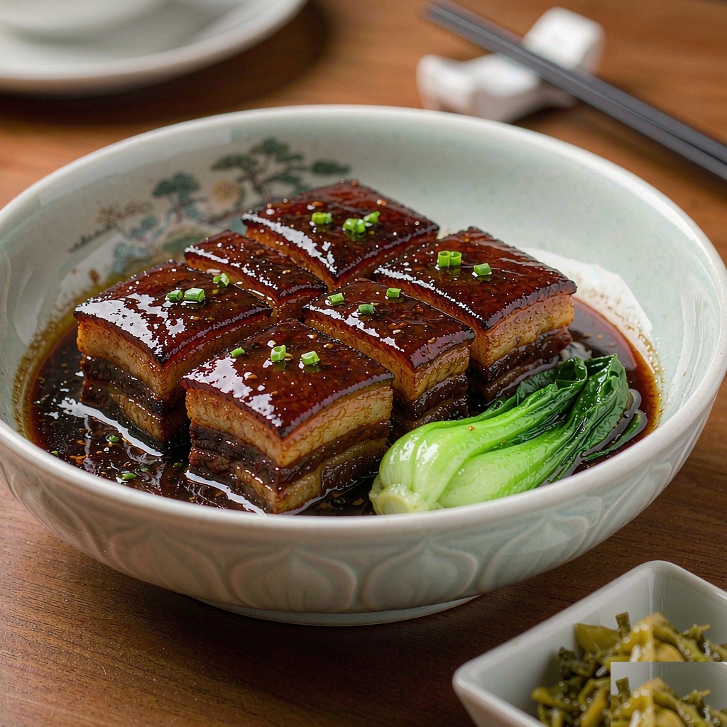 Dongpo pork served in a celadon bowl with blanched bok choy and a small side dish of pickled mustard greens