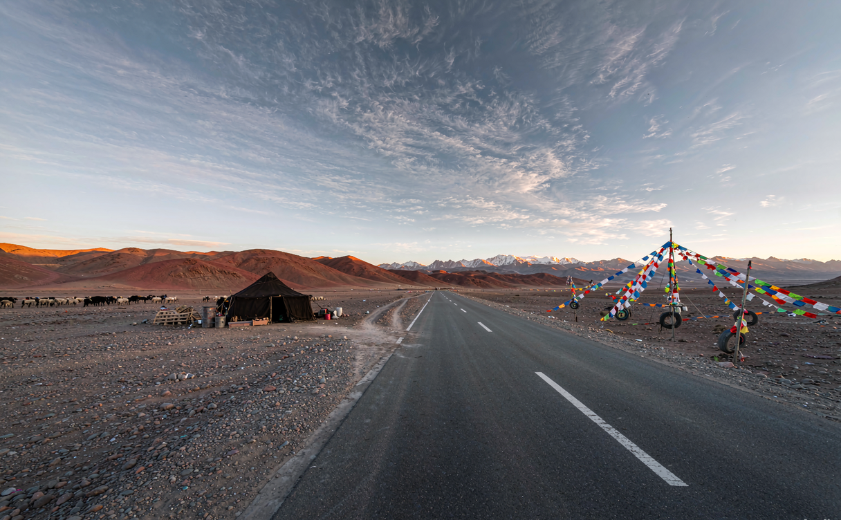 plateau road and nomads near the lake
