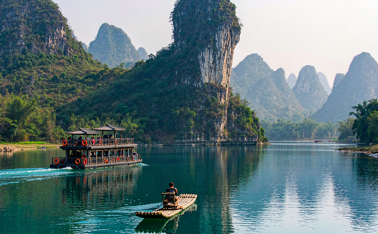 Elephant Trunk Hill reflected in the Li River at sunset