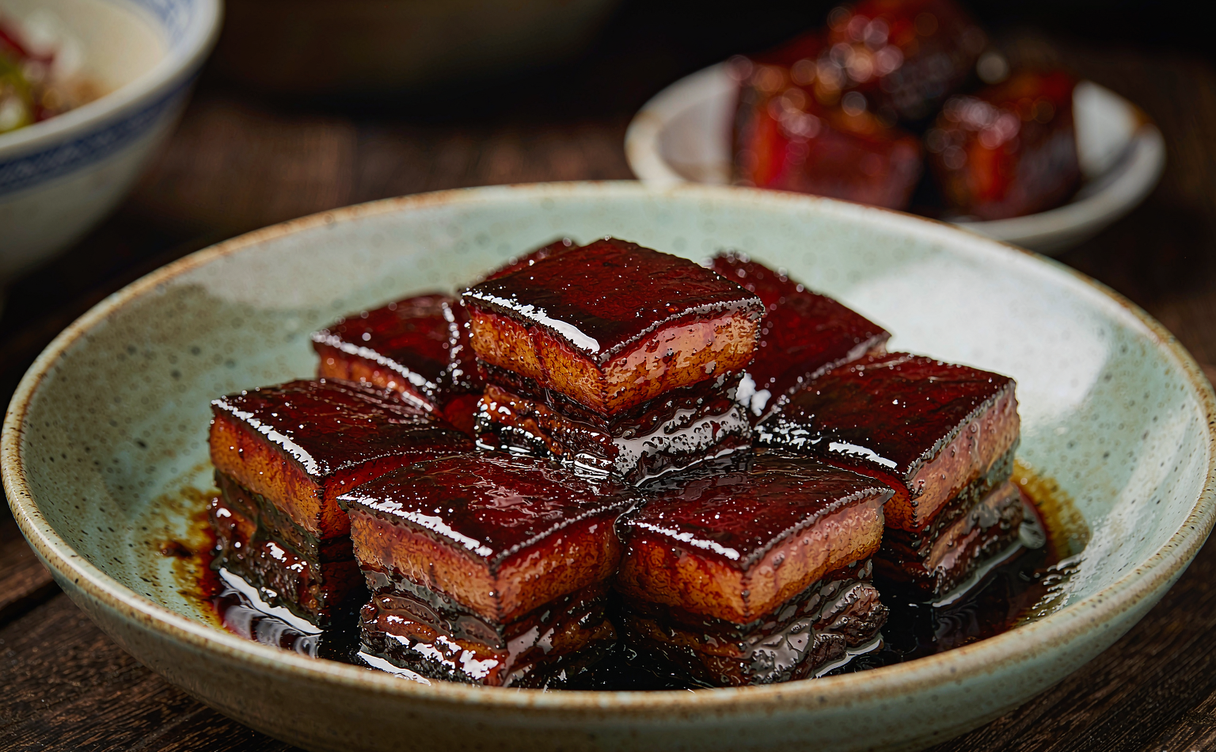 Tofu and mushroom vegetarian dishes on a wooden table in Hangzhou