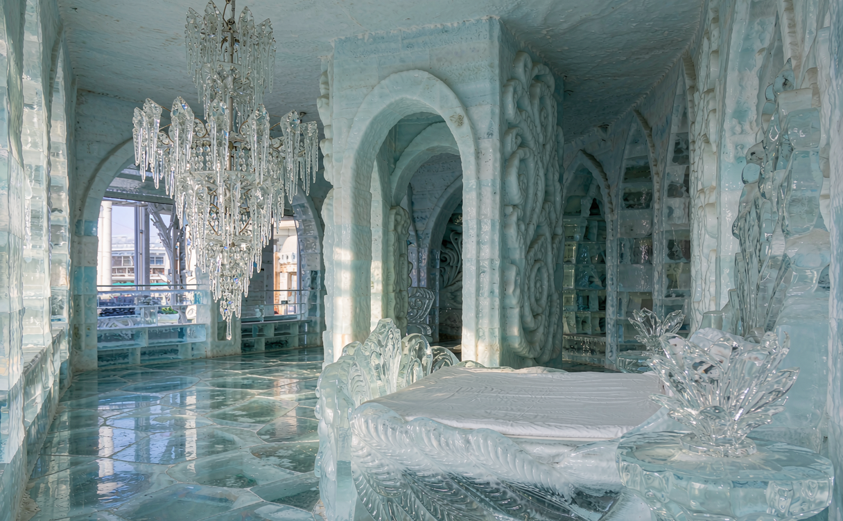ice hotel room Harbin ice bed snow festival Heilongjiang