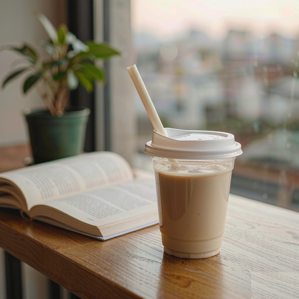 A cup of milk tea on a wooden cafe table beside an open book and a potted plant, with soft window light