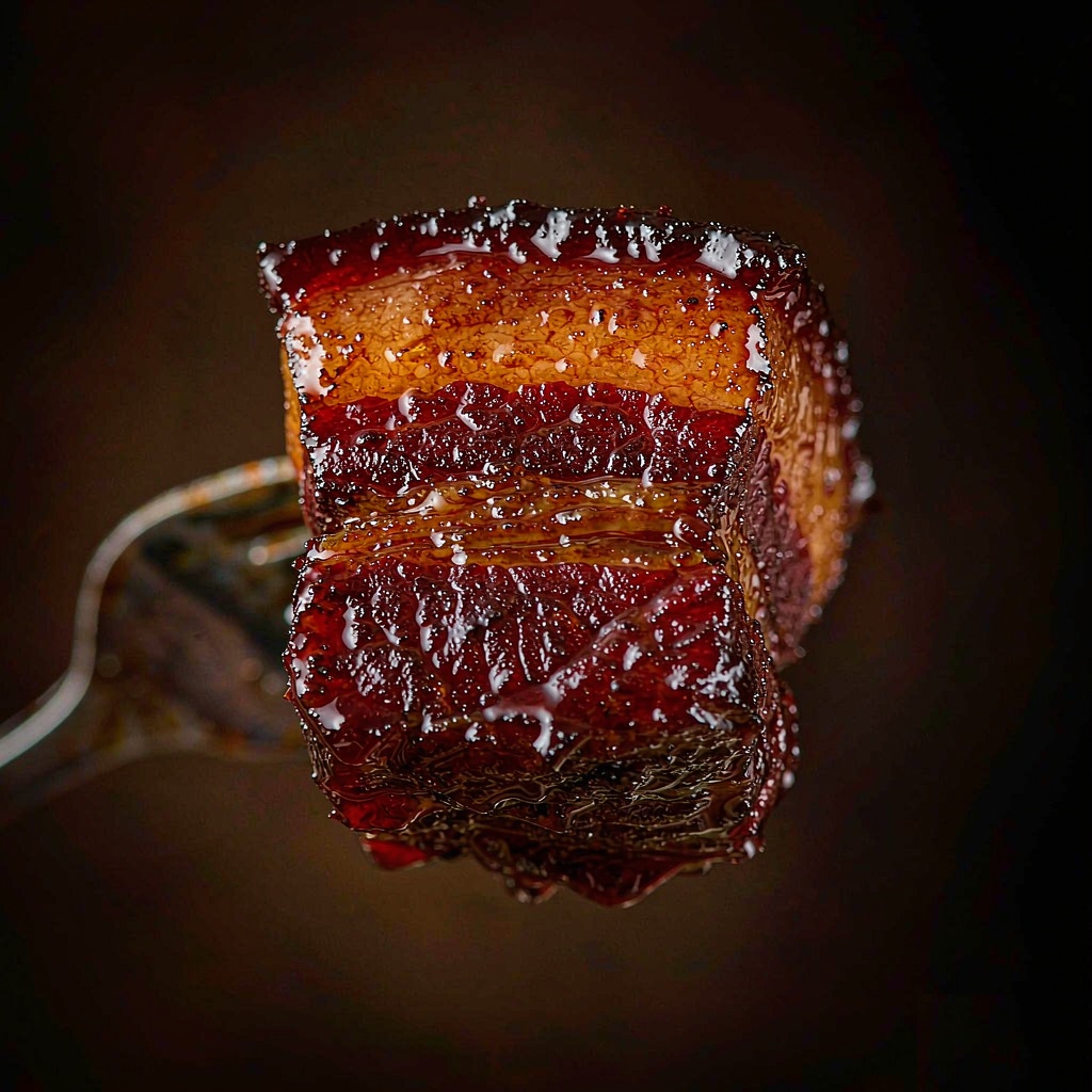 Close-up of a braised pork belly cube showing distinct layers of fat and lean meat coated in sticky caramel glaze