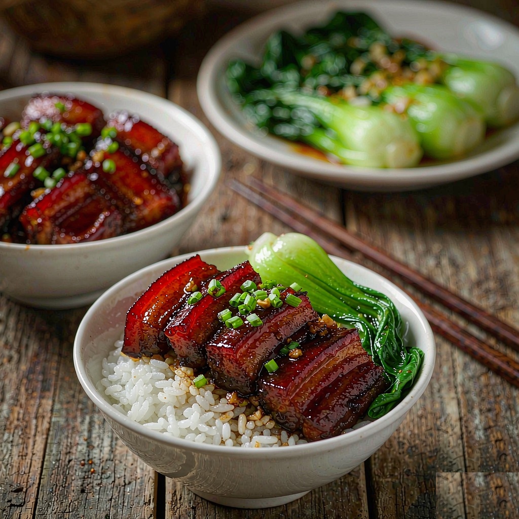 Hong shao rou served over steamed white rice with blanched bok choy and chopped scallions