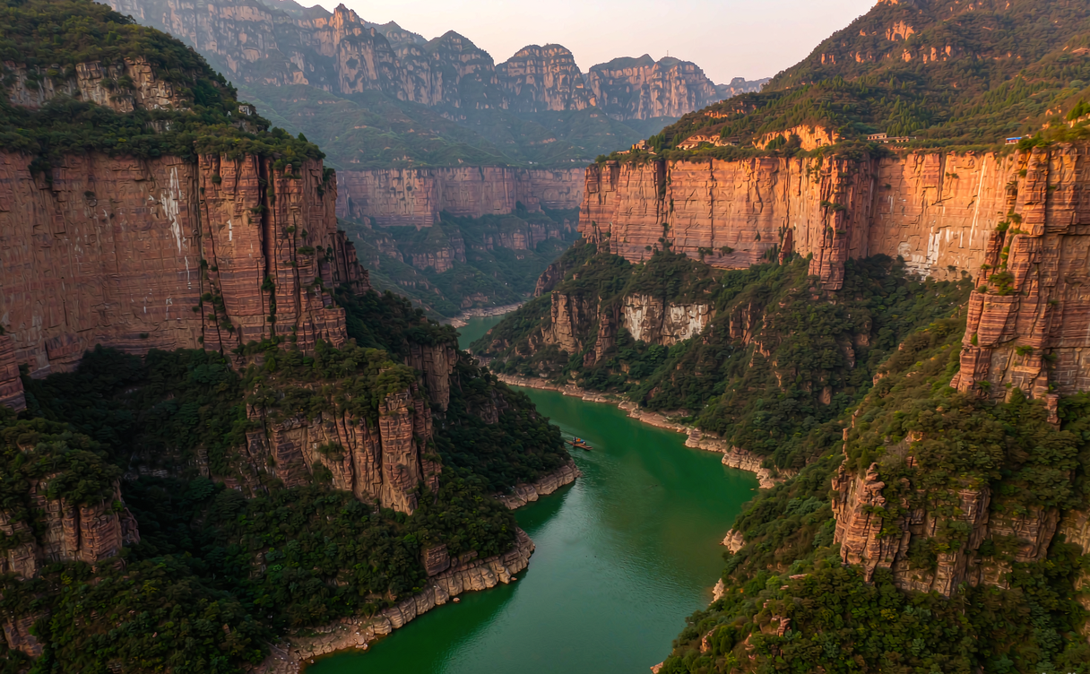 Boat on Baquan Gorge river Huguan Shanxi canyon