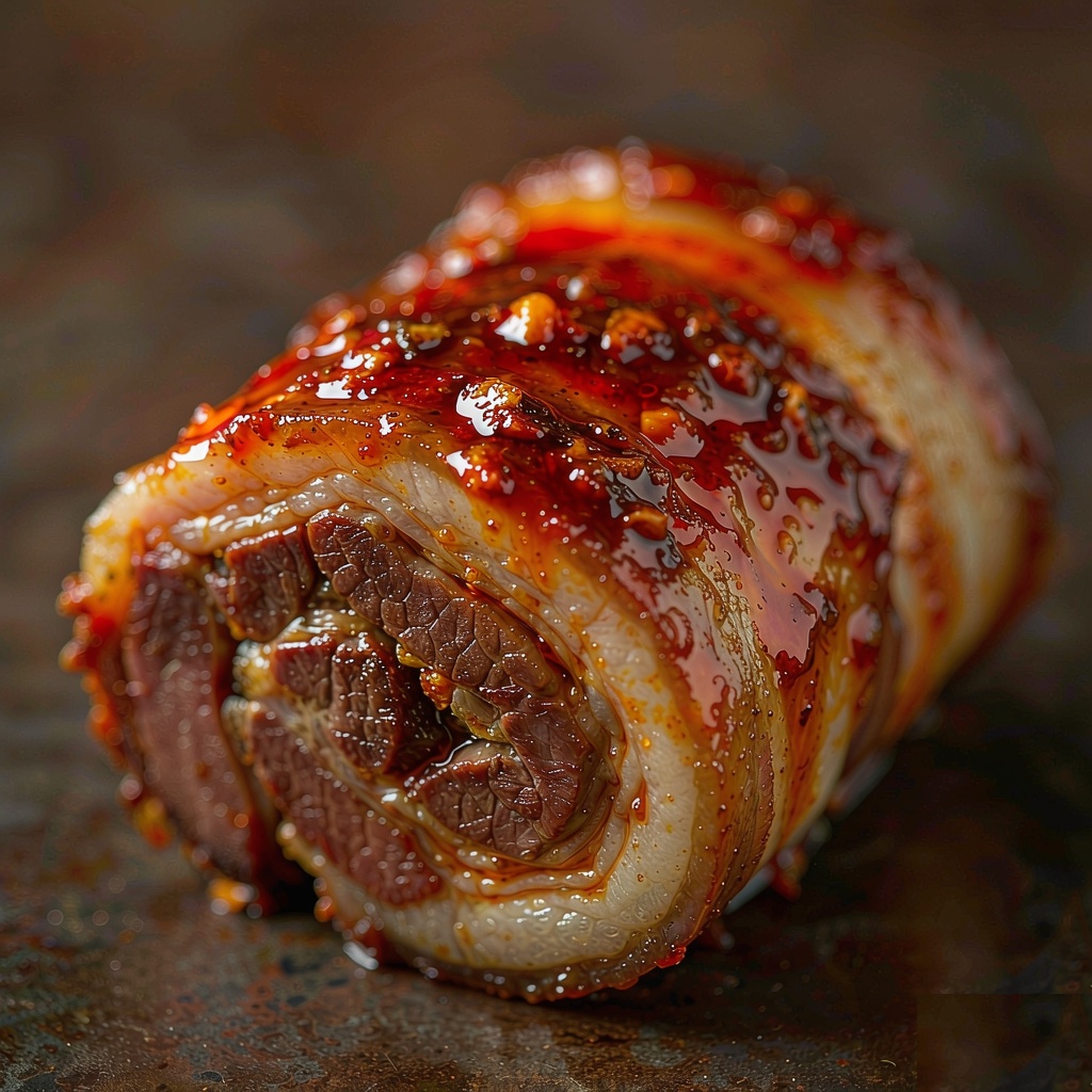 Close-up of a curled slice of twice-cooked pork belly coated in glossy red chili bean paste