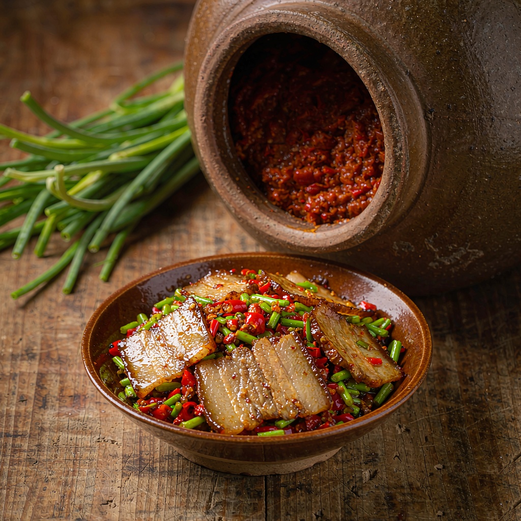 Small bowl of twice-cooked pork beside a clay jar of doubanjiang chili paste and fresh garlic sprouts
