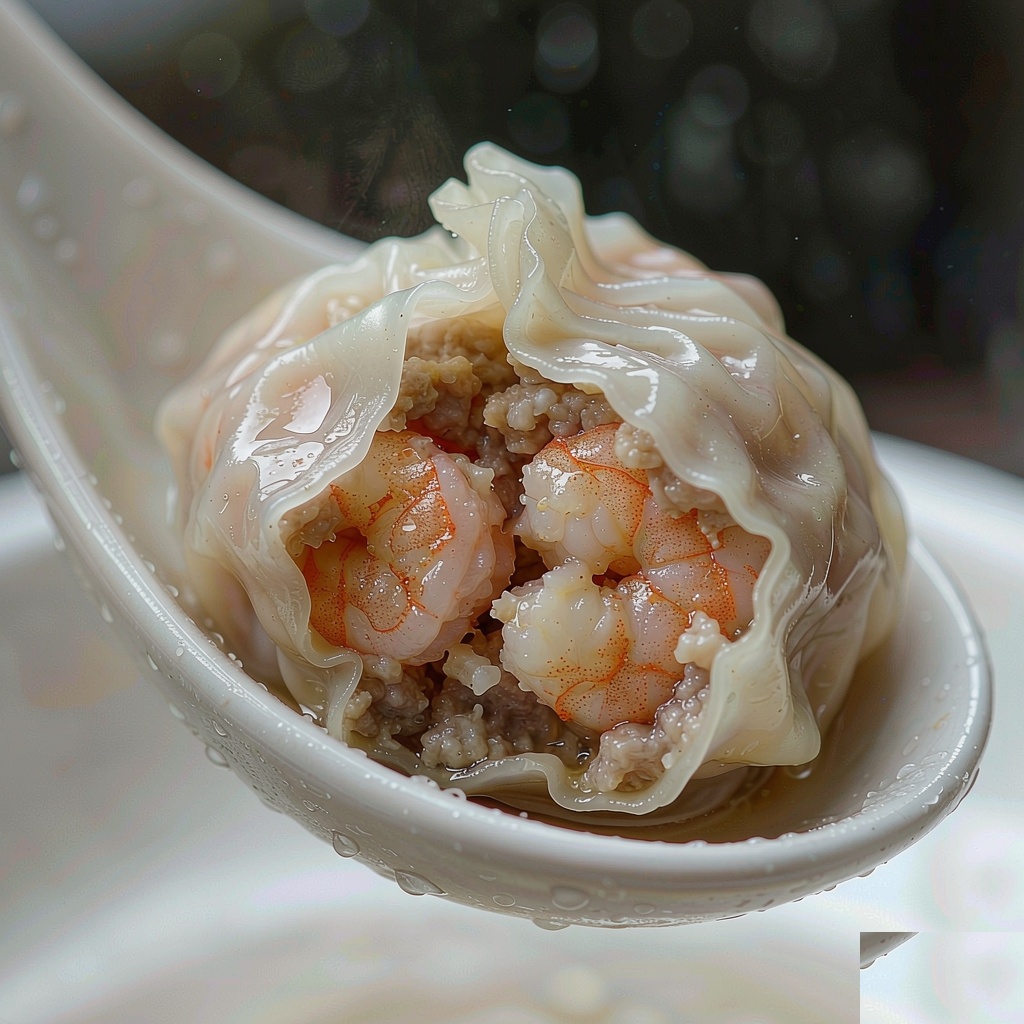Opened wonton on a ceramic spoon showing the shrimp and pork filling under a thin translucent wrapper