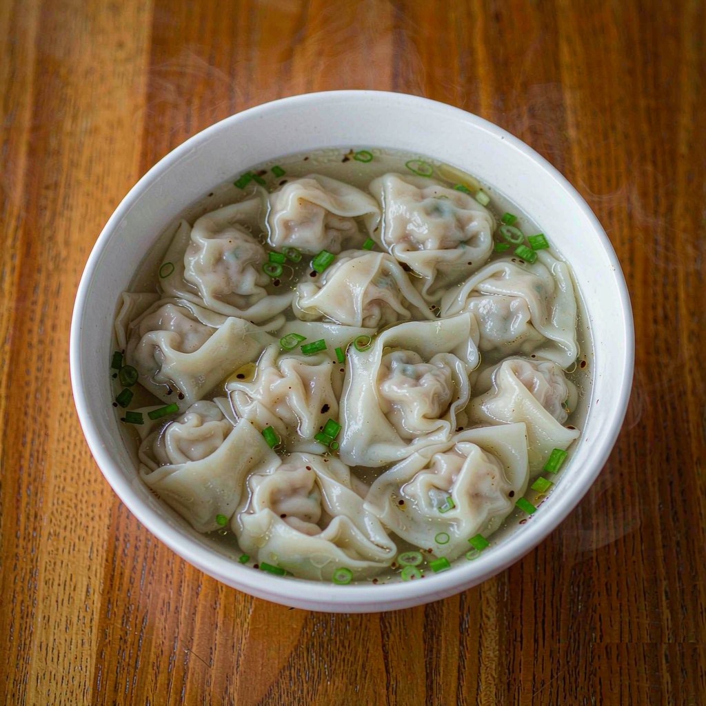 White bowl of boiled wontons floating in clear broth, topped with chopped scallions and sesame oil