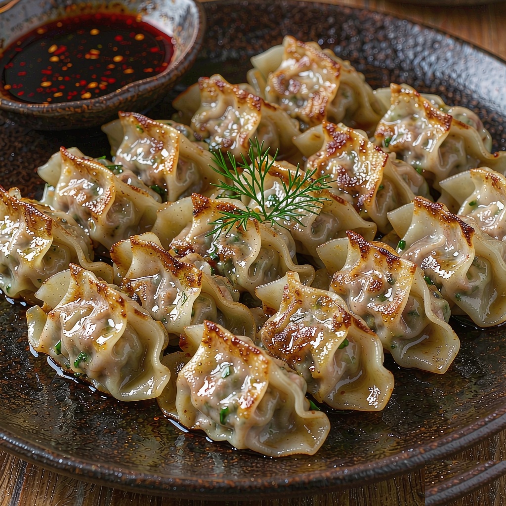 Pan-fried wontons with golden crisp bottoms on a dark plate, served with chili oil and black vinegar for dipping