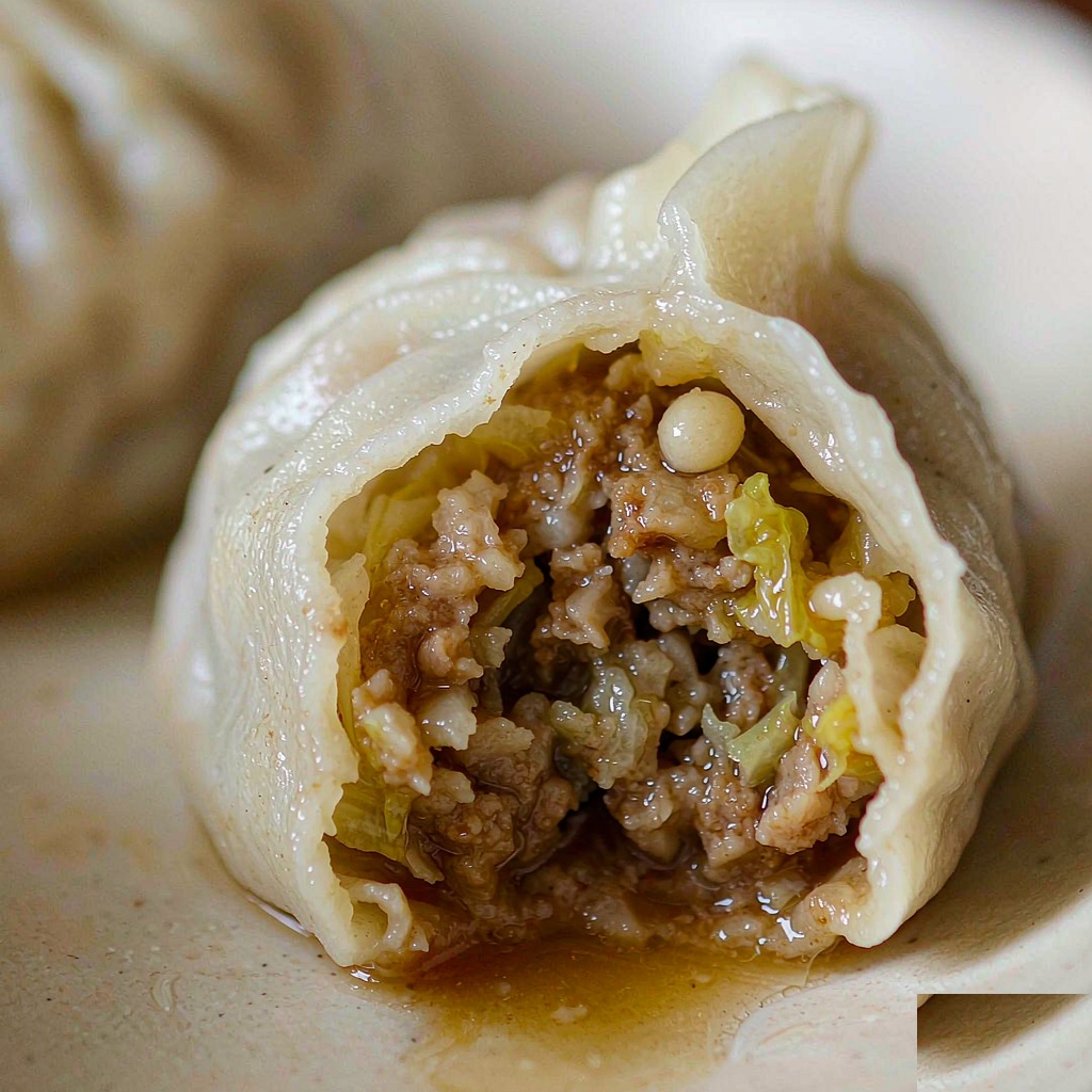 A jiaozi dumpling broken open revealing juicy pork and napa cabbage filling inside a soft pleated wrapper