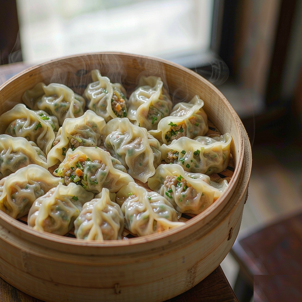 Bamboo steamer filled with freshly steamed jiaozi dumplings with pleated edges and pork and napa cabbage filling, steam rising