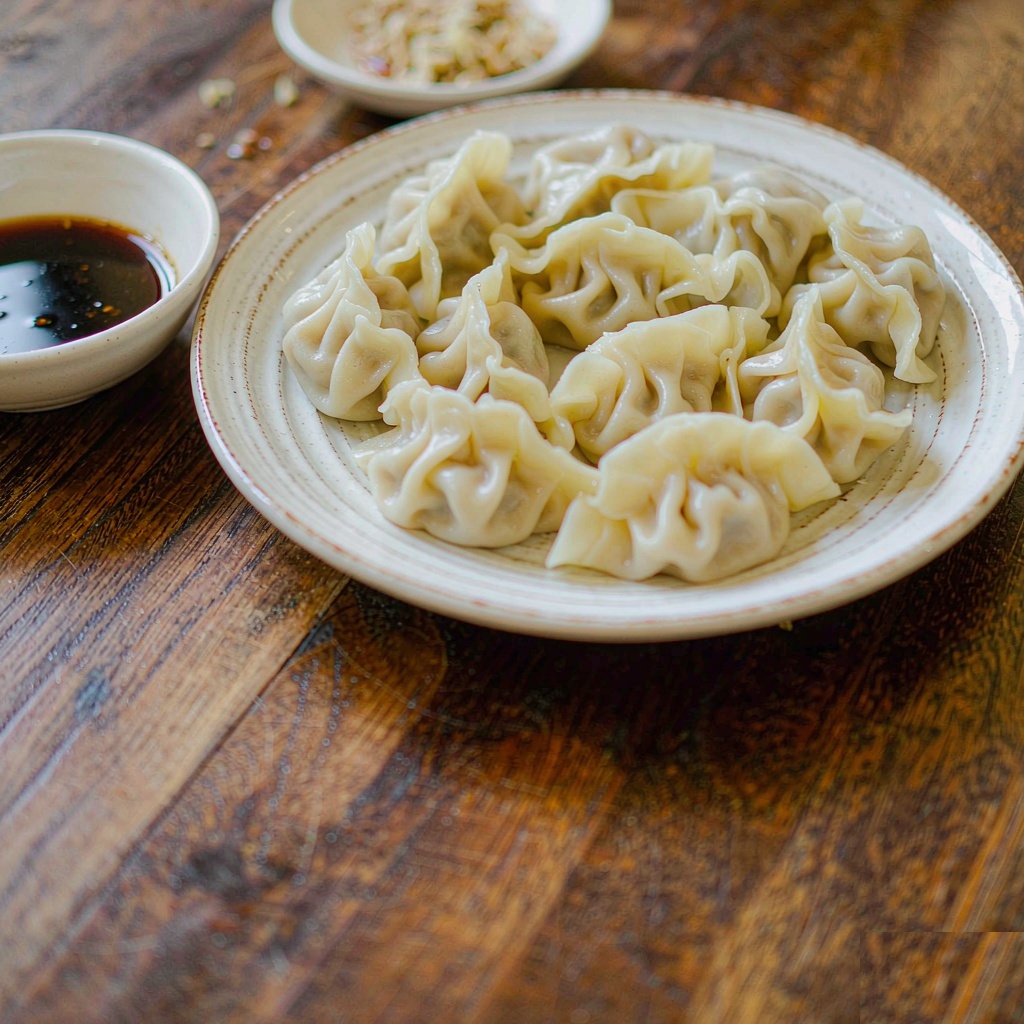 Plate of boiled jiaozi dumplings served with a dish of black vinegar dip and a small bowl of minced ginger and garlic condiment
