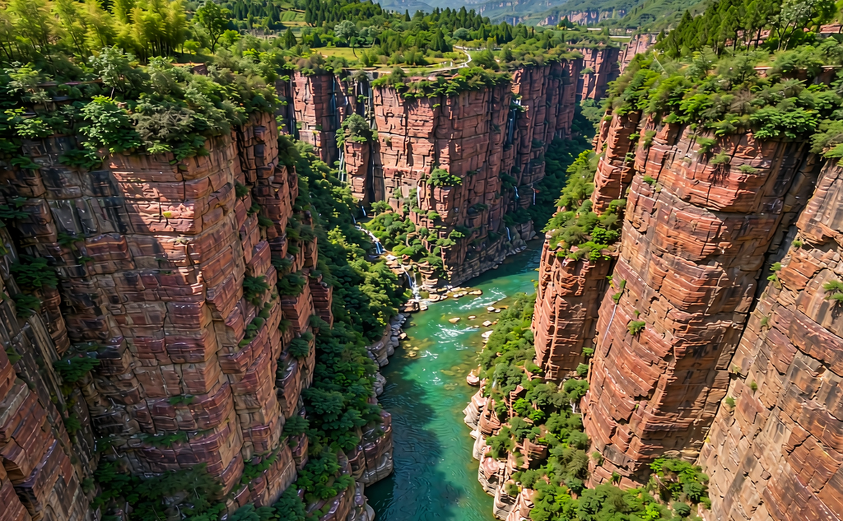 Yuntai Mountain waterfall cascading through red stone cliffs