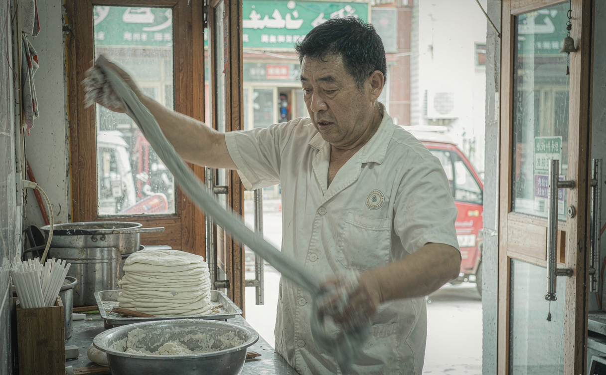 Lanzhou cook hand-pulling lamian dough into noodles