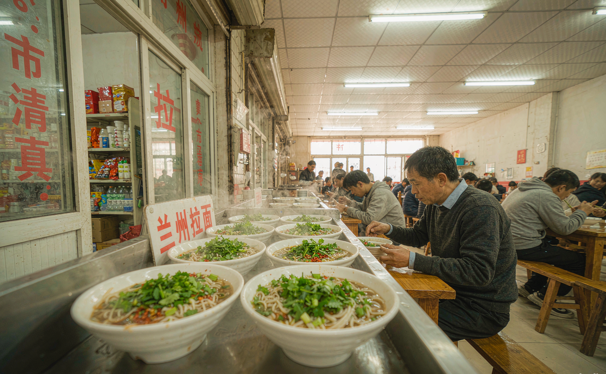 Bowl of Lanzhou lamian noodles with red chili oil and beef