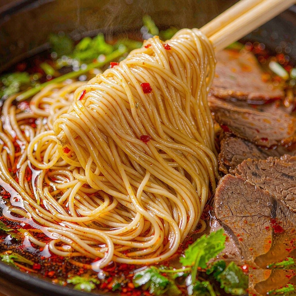 Hand-pulled Lanzhou wheat noodles lifted with chopsticks, showing springy texture beside sliced braised beef