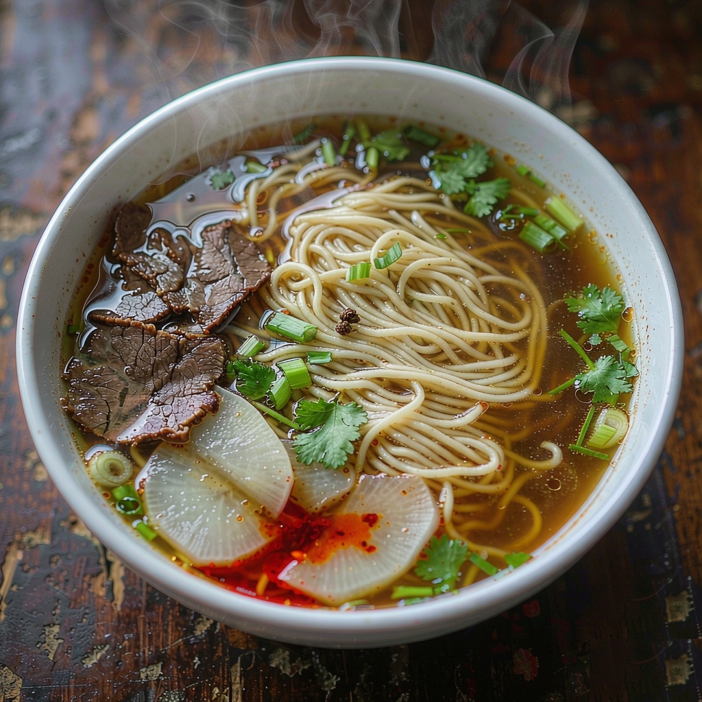 A bowl of Lanzhou beef noodle soup with clear amber broth, sliced beef, white radish, cilantro and red chili oil